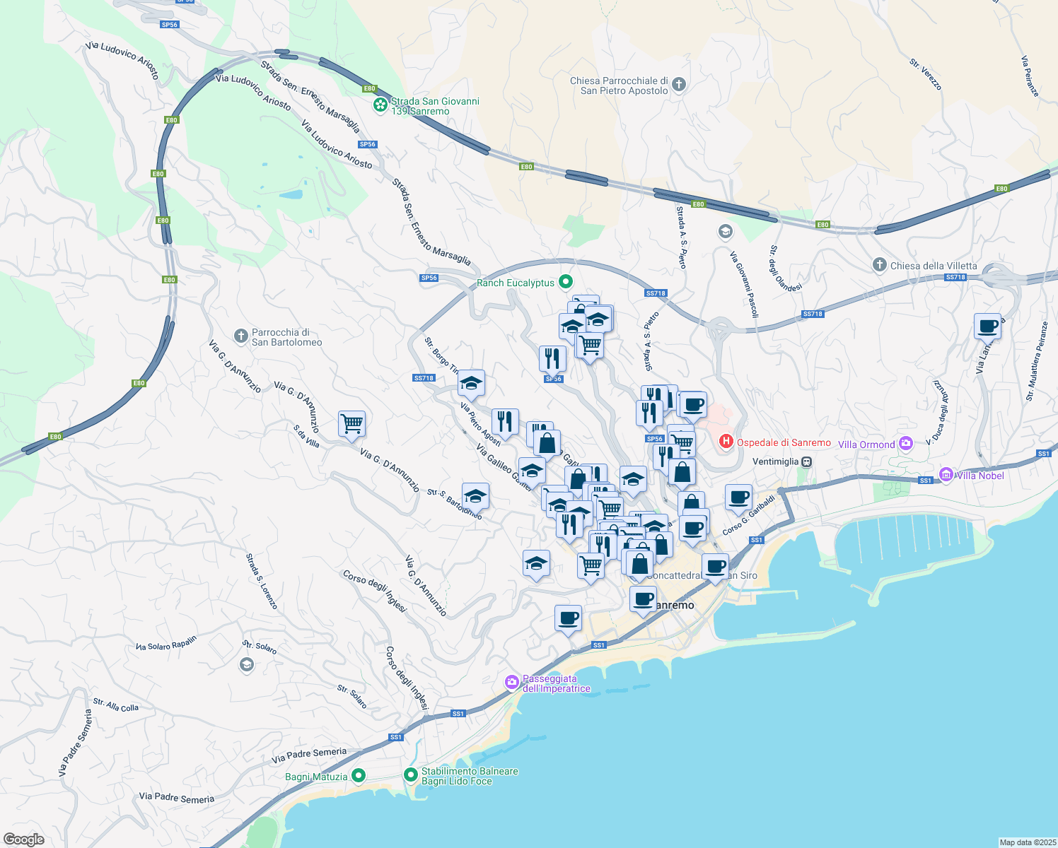 map of restaurants, bars, coffee shops, grocery stores, and more near 398 Via Galileo Galilei in Sanremo