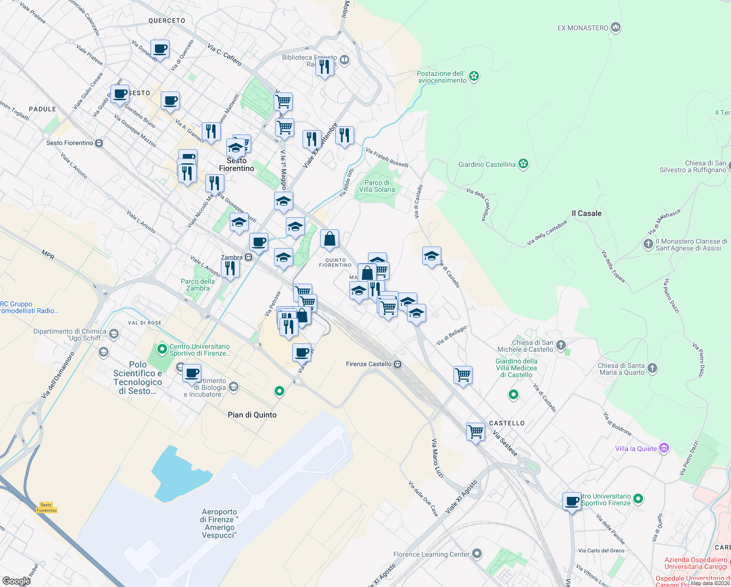 map of restaurants, bars, coffee shops, grocery stores, and more near 18 Via Ruggero Leoncavallo in Sesto Fiorentino