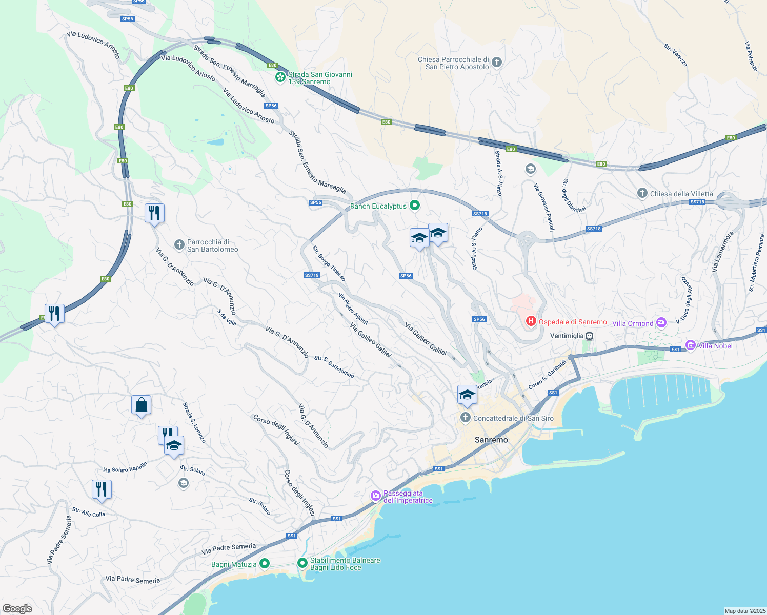 map of restaurants, bars, coffee shops, grocery stores, and more near 398 Via Galileo Galilei in Sanremo