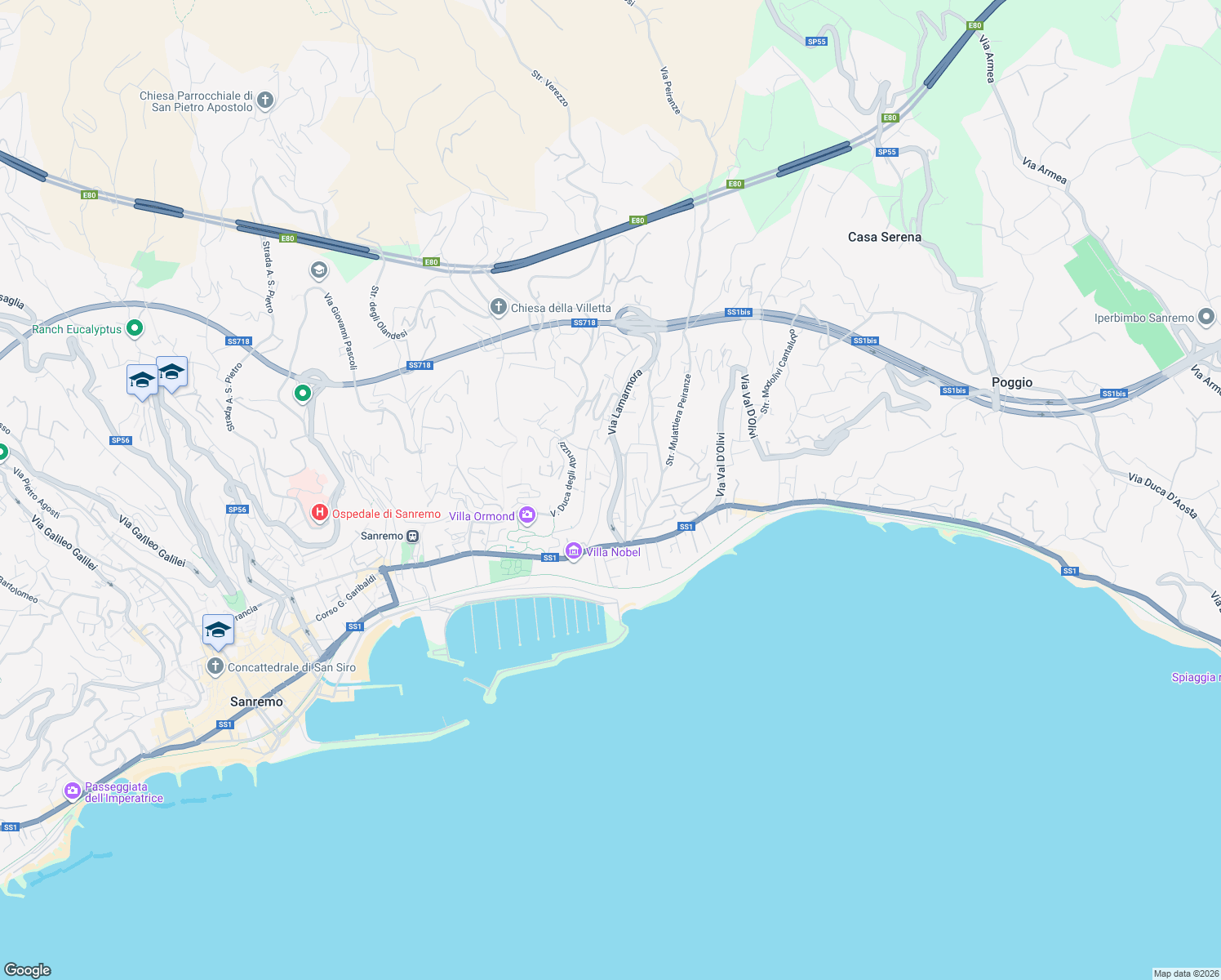 map of restaurants, bars, coffee shops, grocery stores, and more near 4 Salita Mimosa in Sanremo