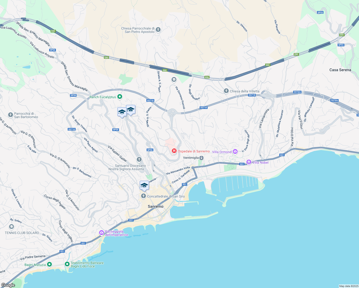 map of restaurants, bars, coffee shops, grocery stores, and more near 111 Via Giovanni Borea in Sanremo