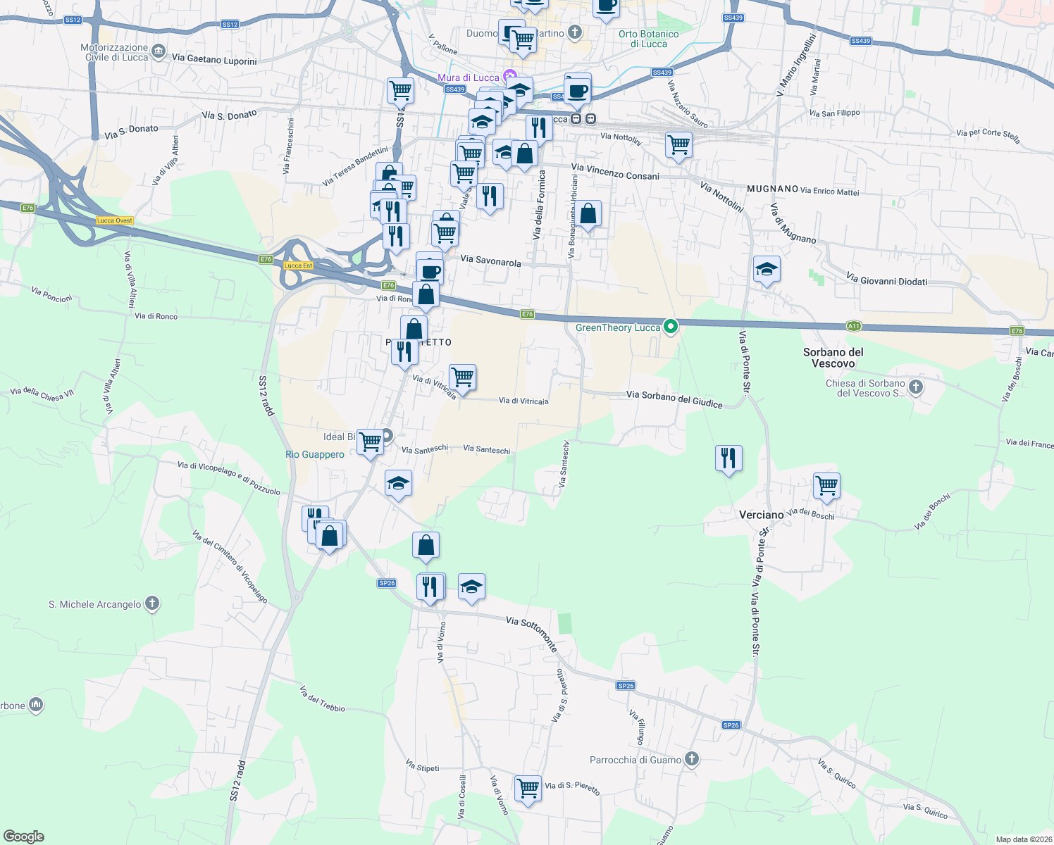 map of restaurants, bars, coffee shops, grocery stores, and more near 180A Via per Corte Ceccotti in Lucca