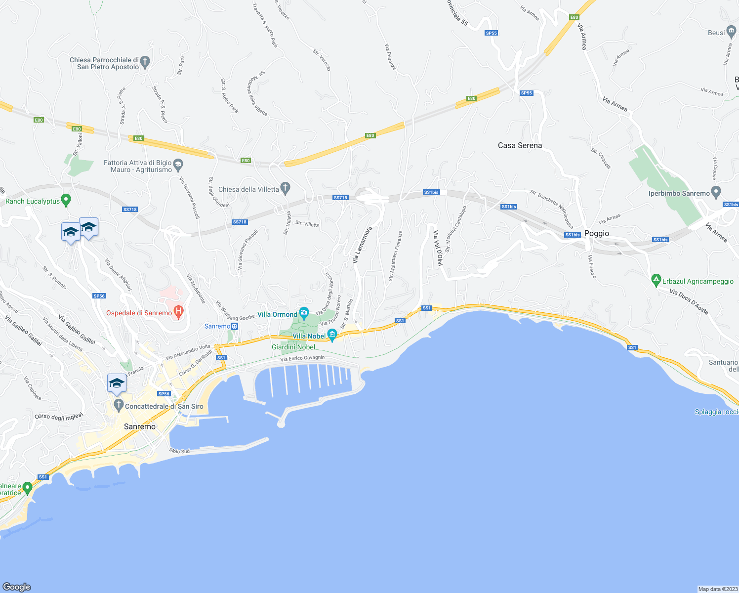 map of restaurants, bars, coffee shops, grocery stores, and more near 221 Via Alfonso Lamarmora in Sanremo