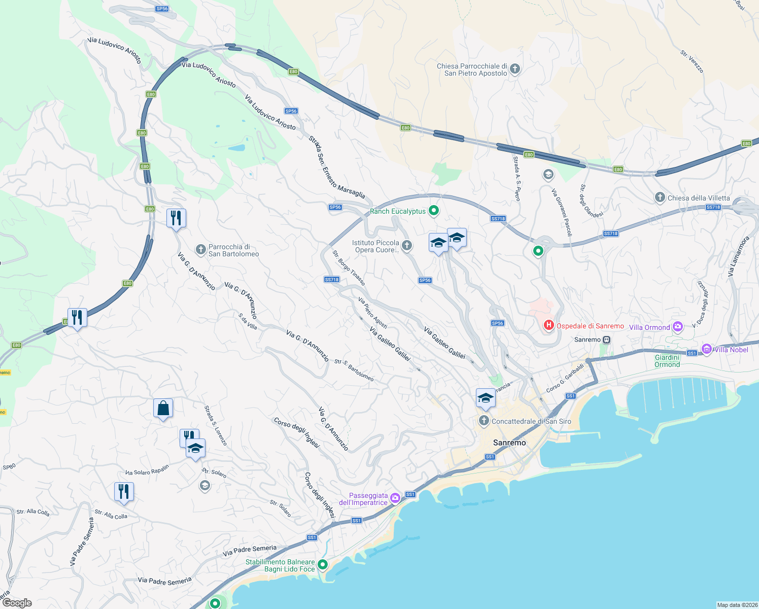 map of restaurants, bars, coffee shops, grocery stores, and more near 347 Via Martiri della Libertà in Sanremo