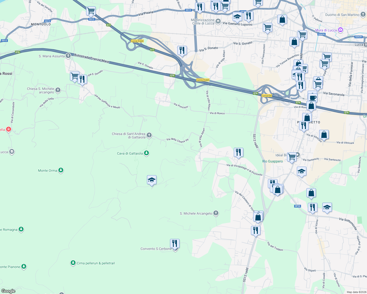 map of restaurants, bars, coffee shops, grocery stores, and more near 351 Via della Chiesa VII in Lucca