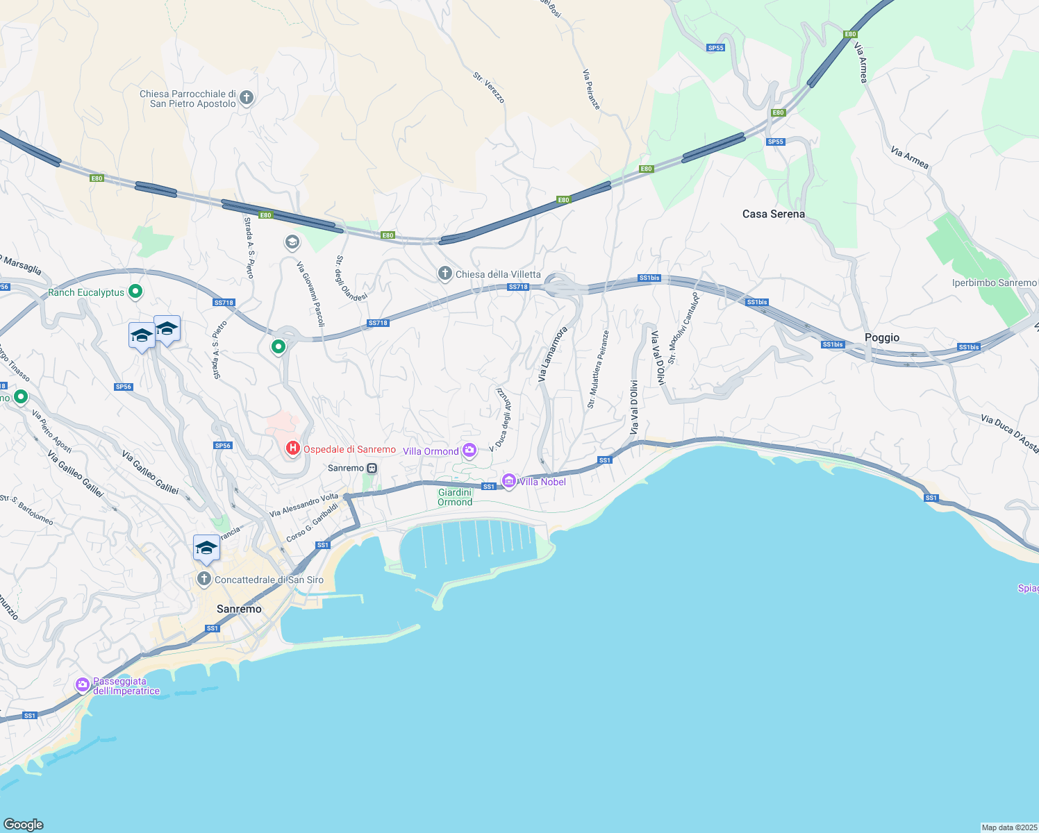 map of restaurants, bars, coffee shops, grocery stores, and more near 4 Salita Mimosa in Sanremo
