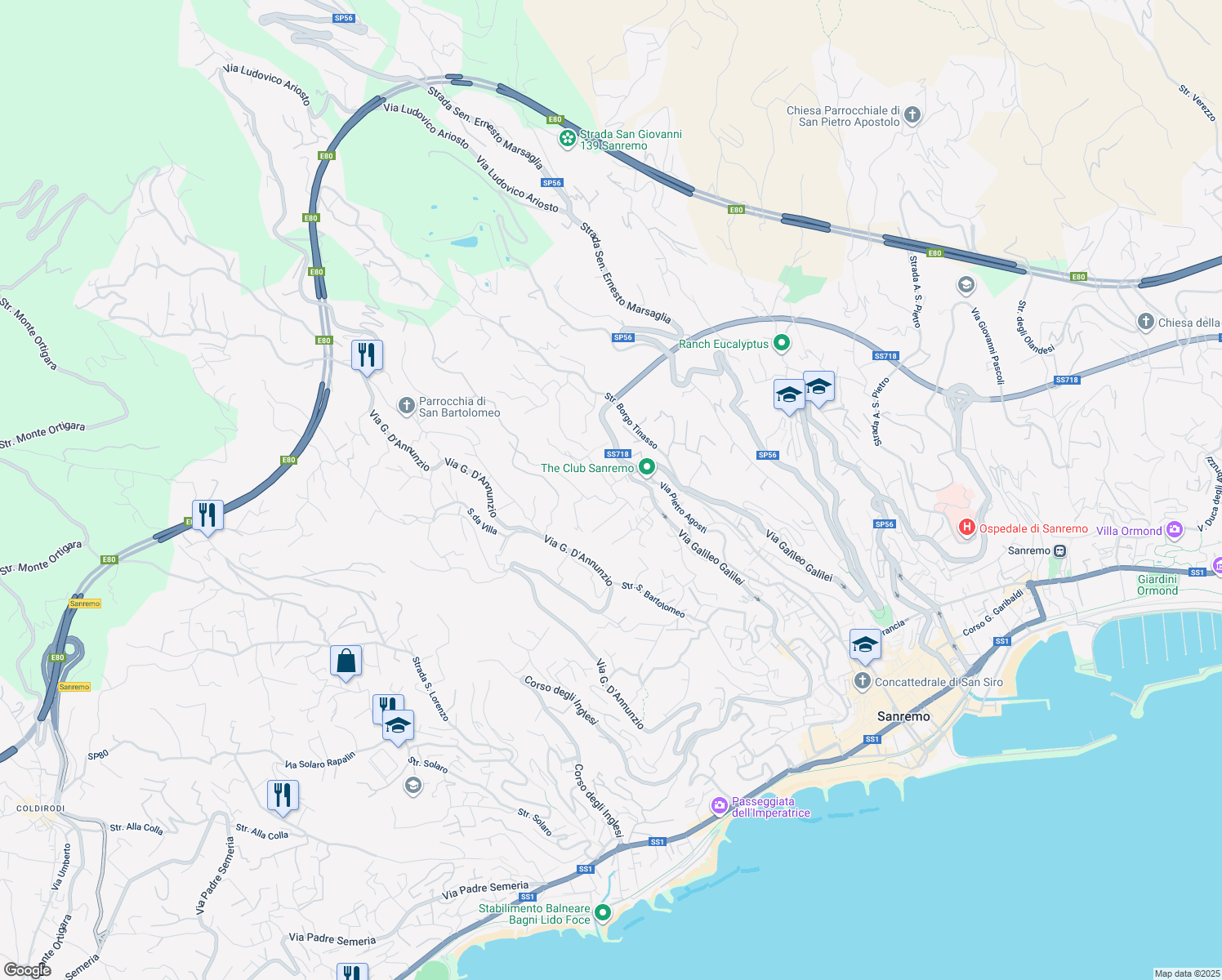 map of restaurants, bars, coffee shops, grocery stores, and more near Via Borgo Ponente in Sanremo