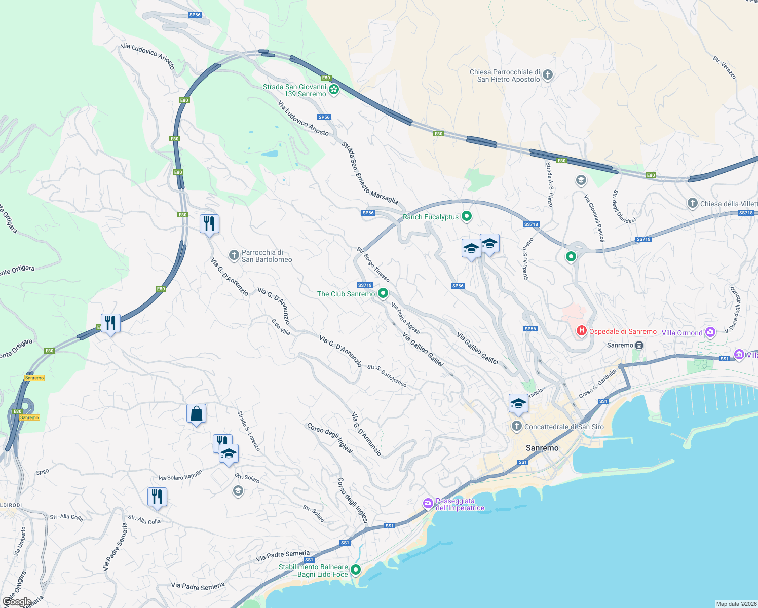 map of restaurants, bars, coffee shops, grocery stores, and more near 230-357 Via Galileo Galilei in Sanremo
