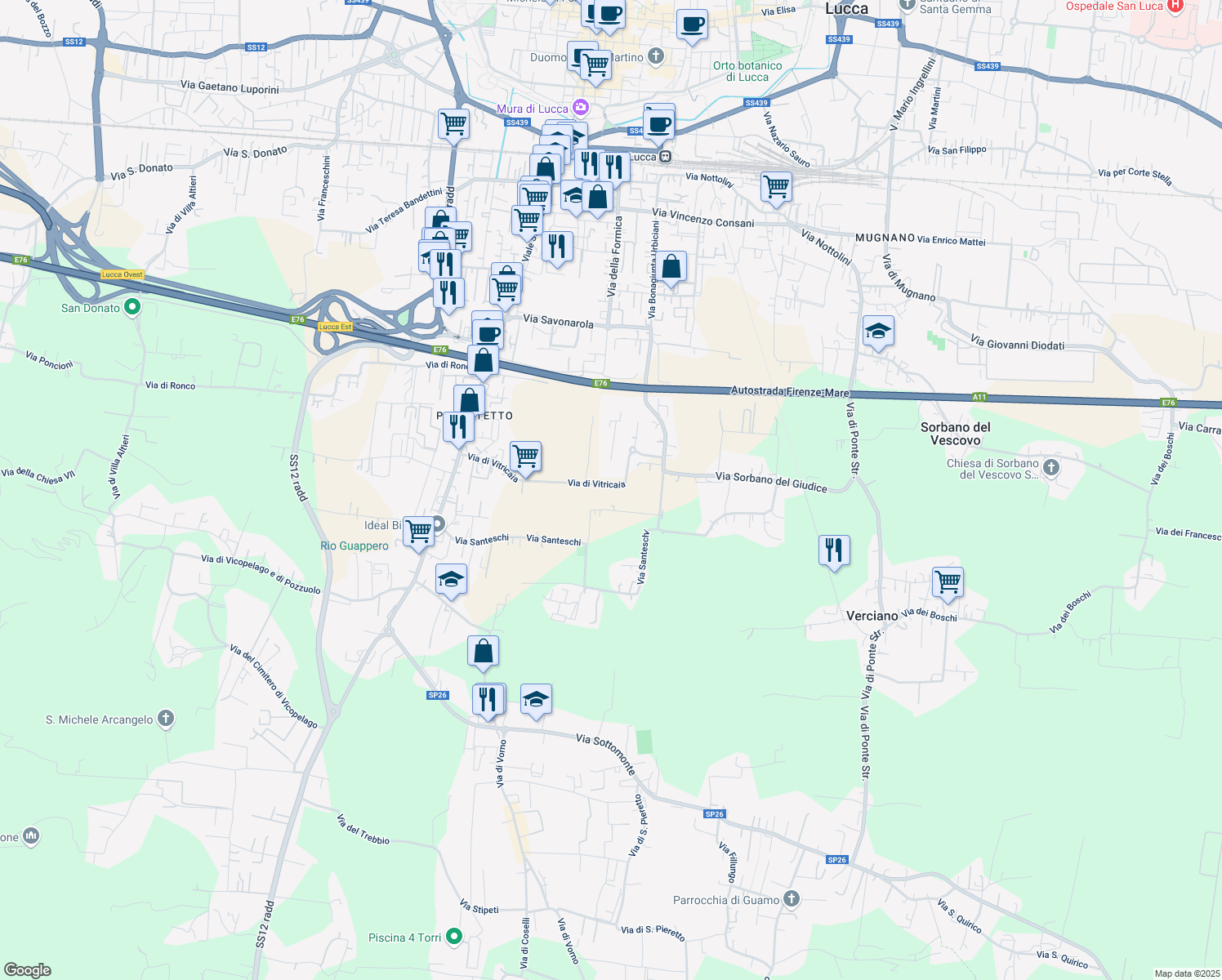 map of restaurants, bars, coffee shops, grocery stores, and more near 241 Via di Vitricaia in Lucca