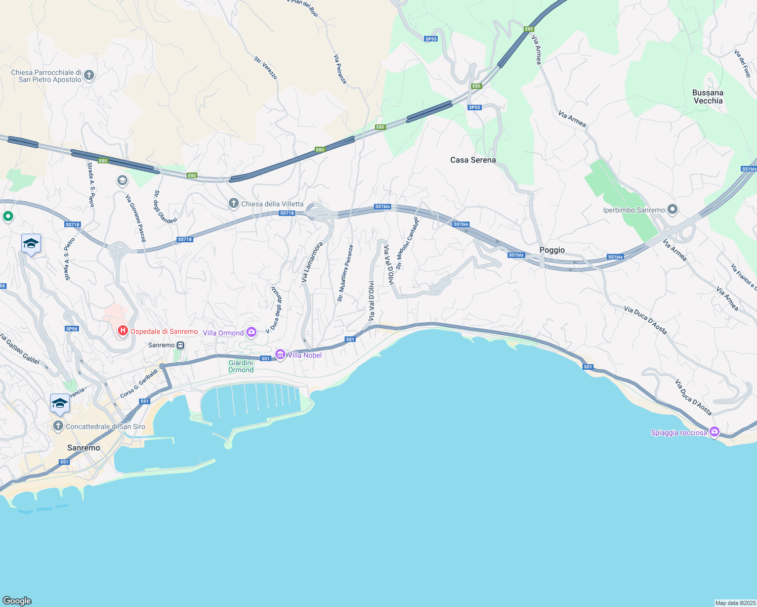 map of restaurants, bars, coffee shops, grocery stores, and more near 76 Via delle Ginestre in Sanremo