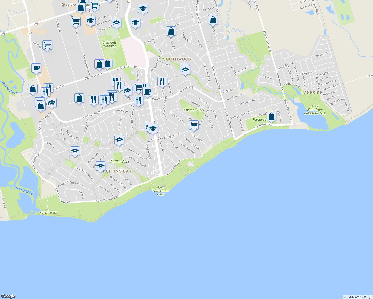 map of restaurants, bars, coffee shops, grocery stores, and more near in Ajax