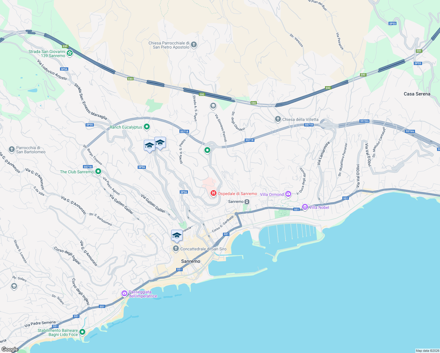 map of restaurants, bars, coffee shops, grocery stores, and more near 31 Strada Moduponte in Sanremo