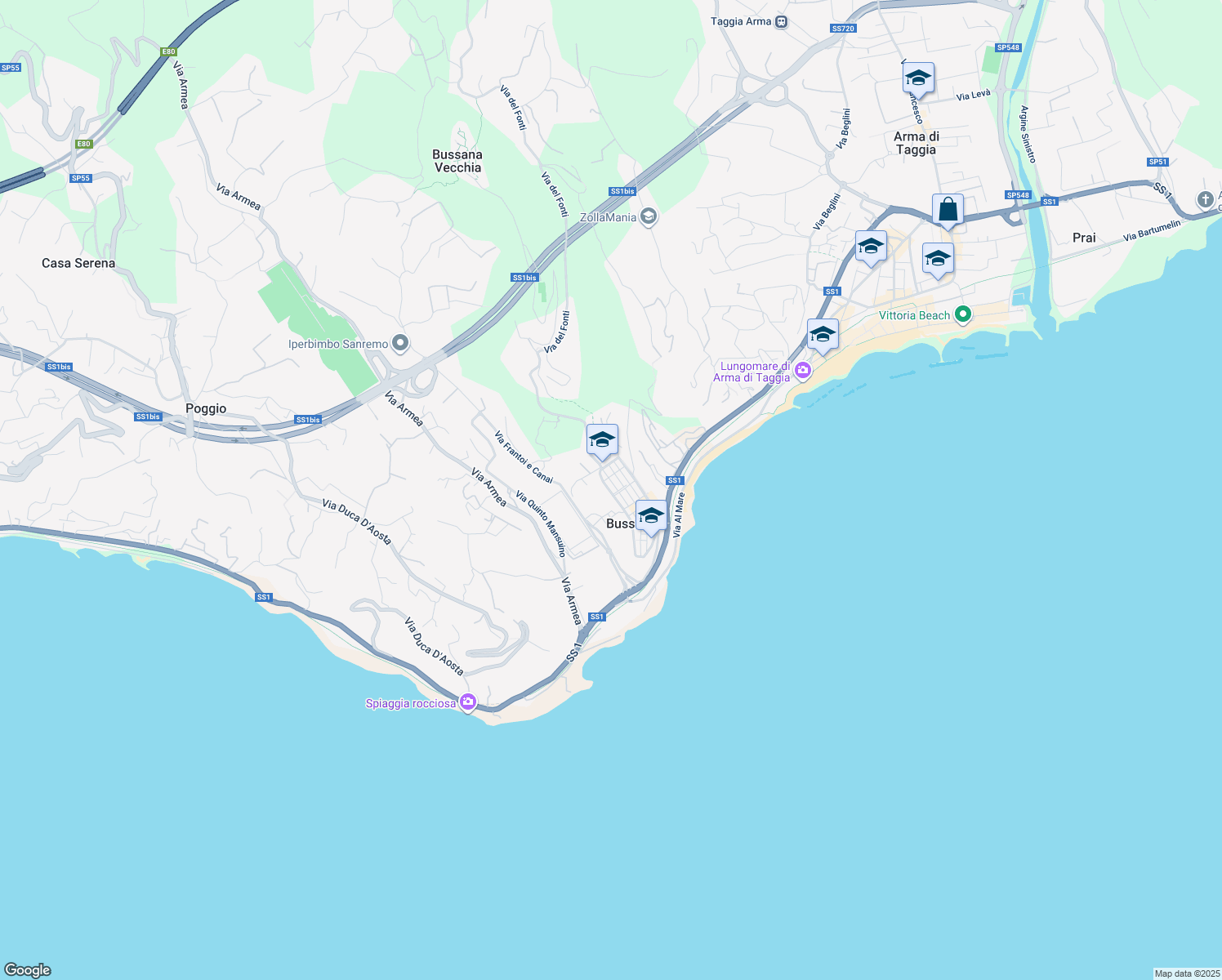 map of restaurants, bars, coffee shops, grocery stores, and more near 12 Via Enrico Toti in Sanremo