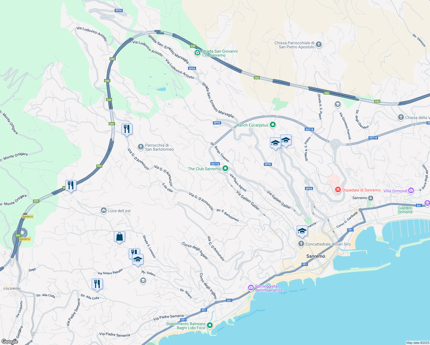map of restaurants, bars, coffee shops, grocery stores, and more near 351 Via Galileo Galilei in Sanremo
