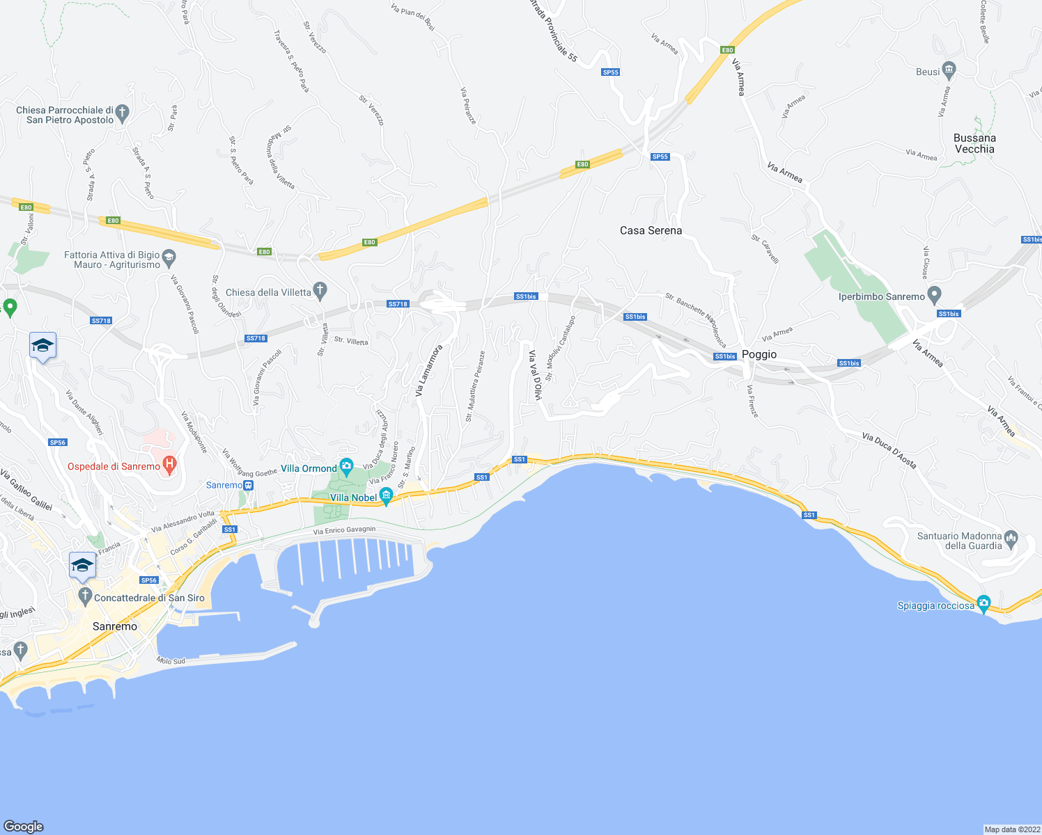map of restaurants, bars, coffee shops, grocery stores, and more near 76 Via delle Ginestre in Sanremo