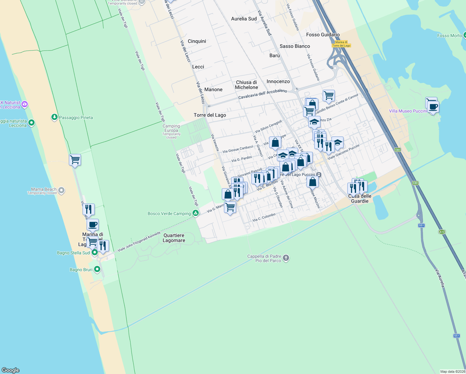 map of restaurants, bars, coffee shops, grocery stores, and more near in Provincia di Lucca