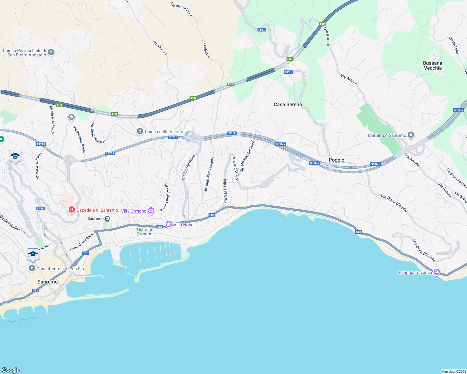 map of restaurants, bars, coffee shops, grocery stores, and more near 76 Via delle Ginestre in Sanremo