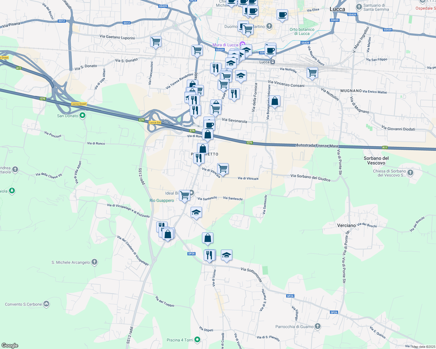 map of restaurants, bars, coffee shops, grocery stores, and more near 241 Via di Vitricaia in Lucca