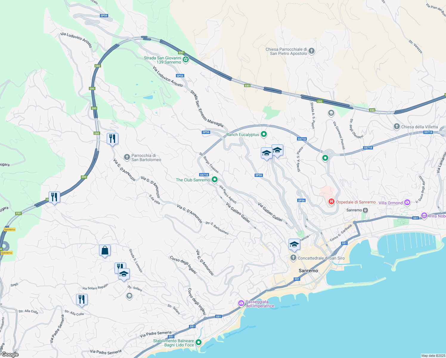 map of restaurants, bars, coffee shops, grocery stores, and more near 38 Strada Borgo Tinasso in Sanremo