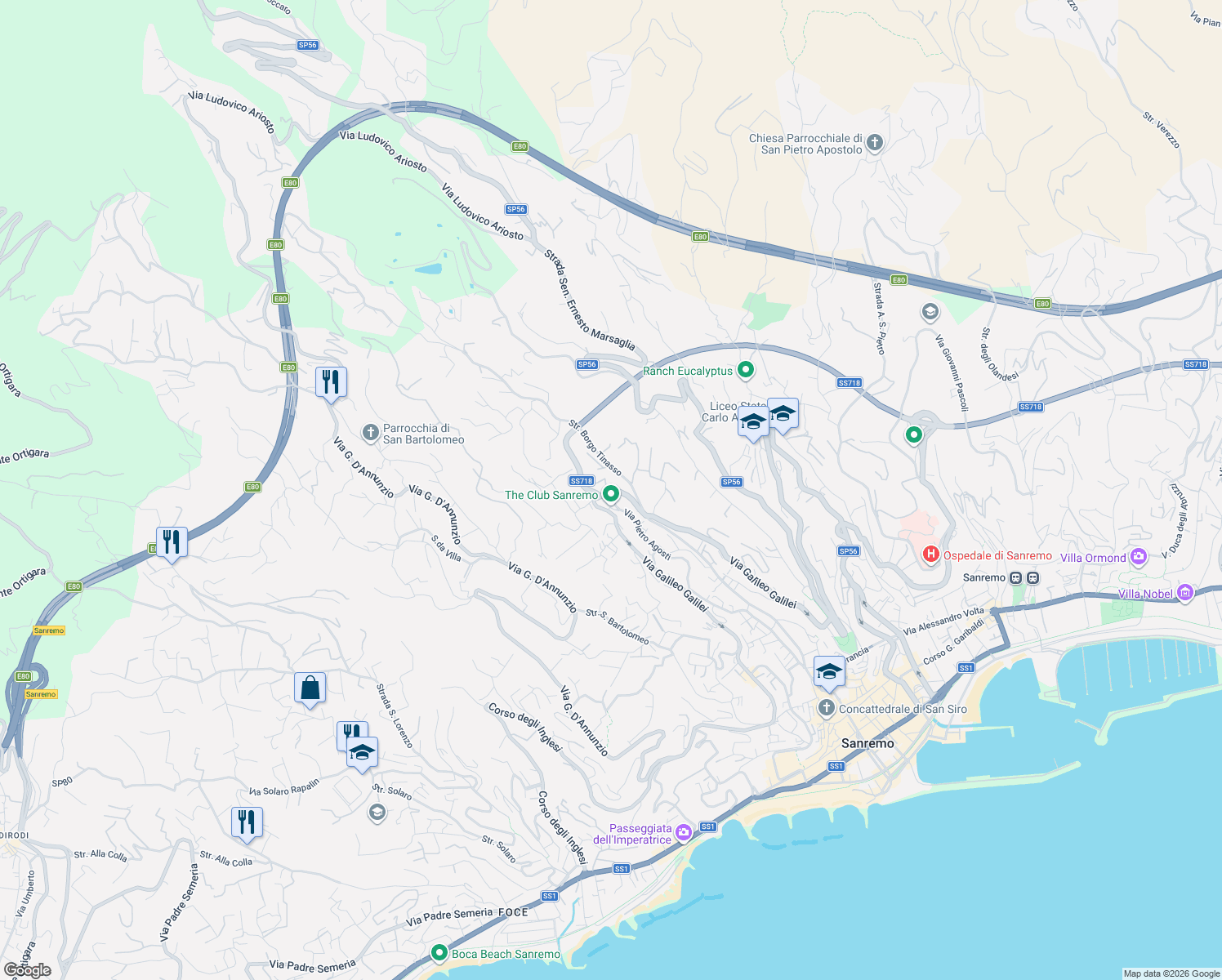 map of restaurants, bars, coffee shops, grocery stores, and more near 375 Via Galileo Galilei in Sanremo