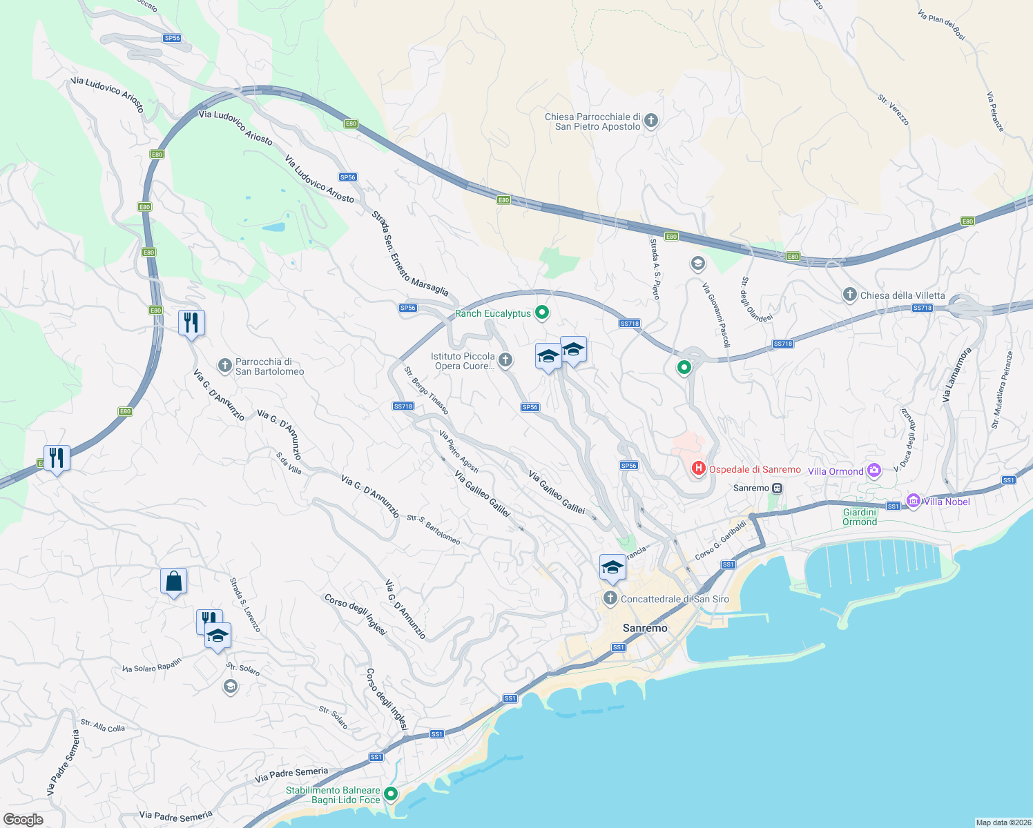 map of restaurants, bars, coffee shops, grocery stores, and more near 153 Strada San Romolo in Sanremo