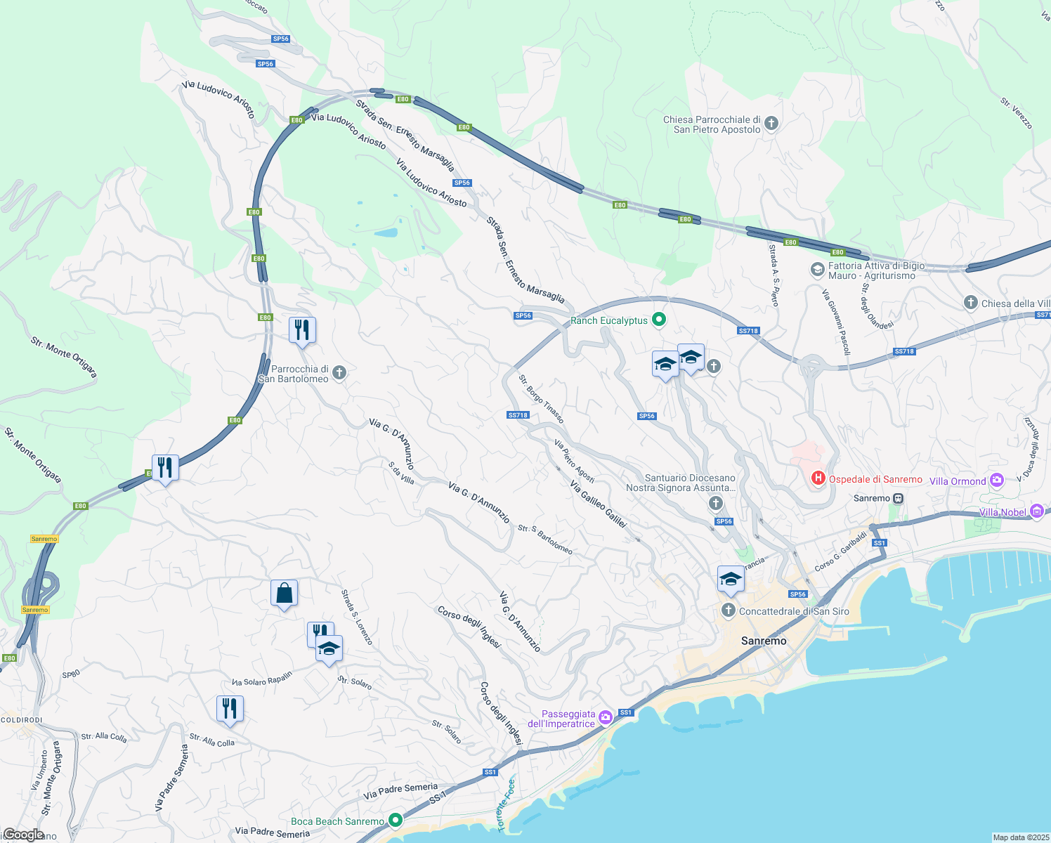 map of restaurants, bars, coffee shops, grocery stores, and more near 351 Via Galileo Galilei in Sanremo