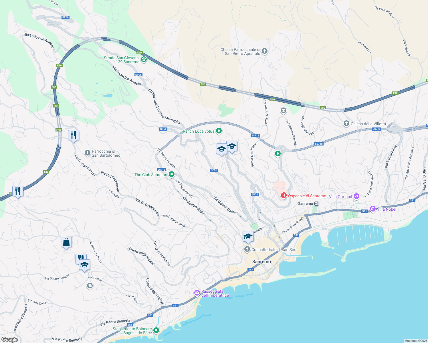 map of restaurants, bars, coffee shops, grocery stores, and more near Via Giovanni Marsaglia in Sanremo
