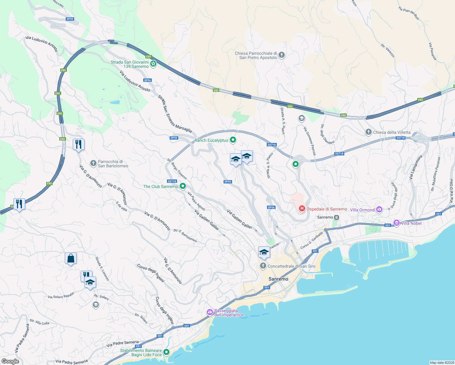 map of restaurants, bars, coffee shops, grocery stores, and more near 85 Strada Senatore Ernesto Marsaglia in Sanremo