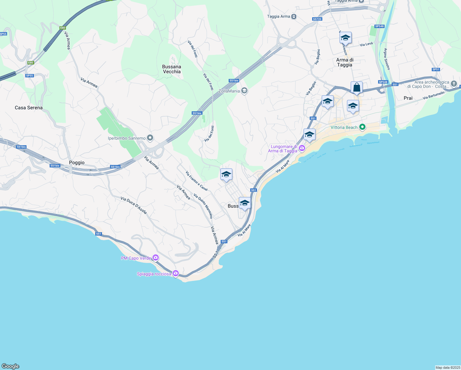 map of restaurants, bars, coffee shops, grocery stores, and more near 12 Via Enrico Toti in Sanremo