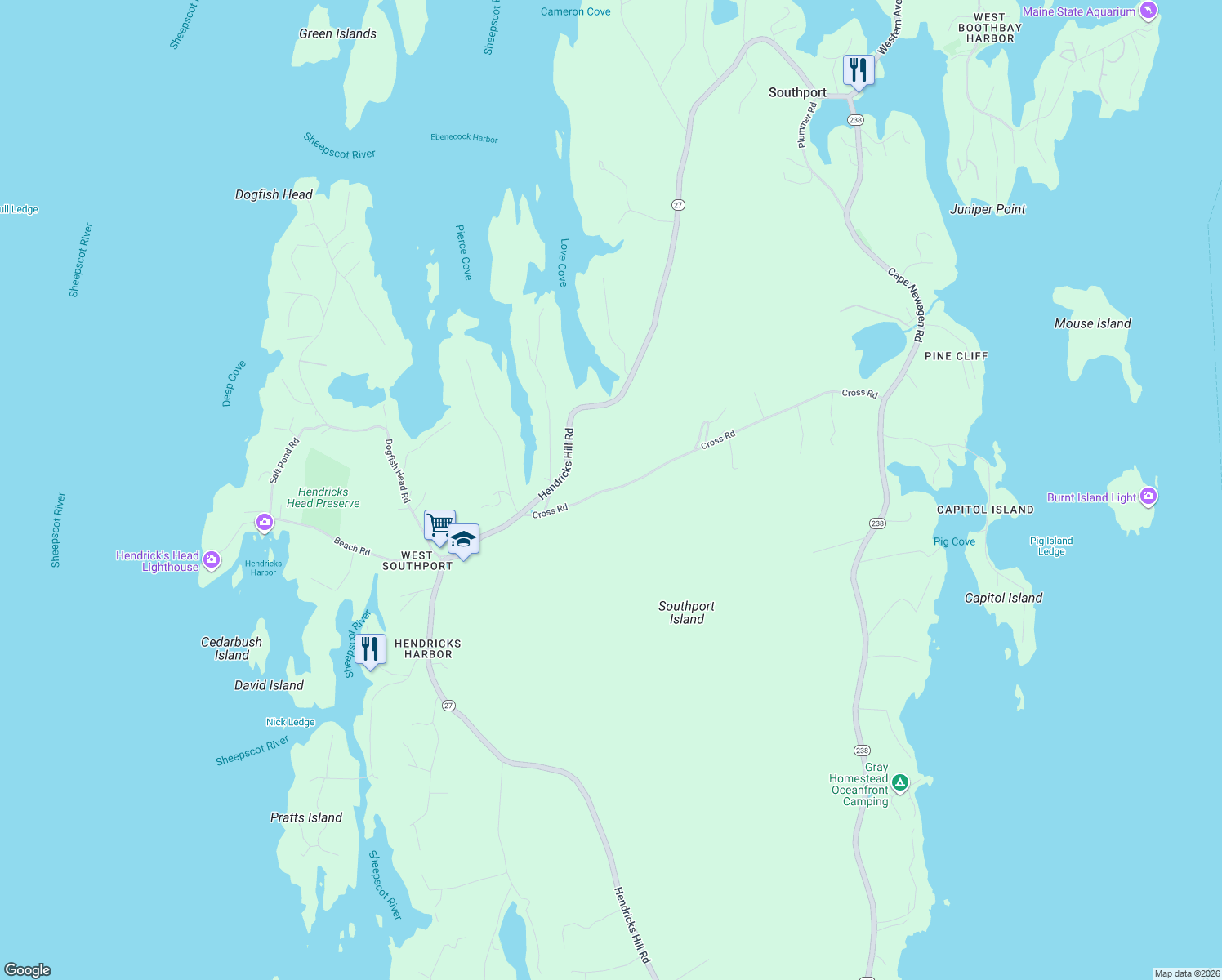 map of restaurants, bars, coffee shops, grocery stores, and more near 155 Cross Road in Southport
