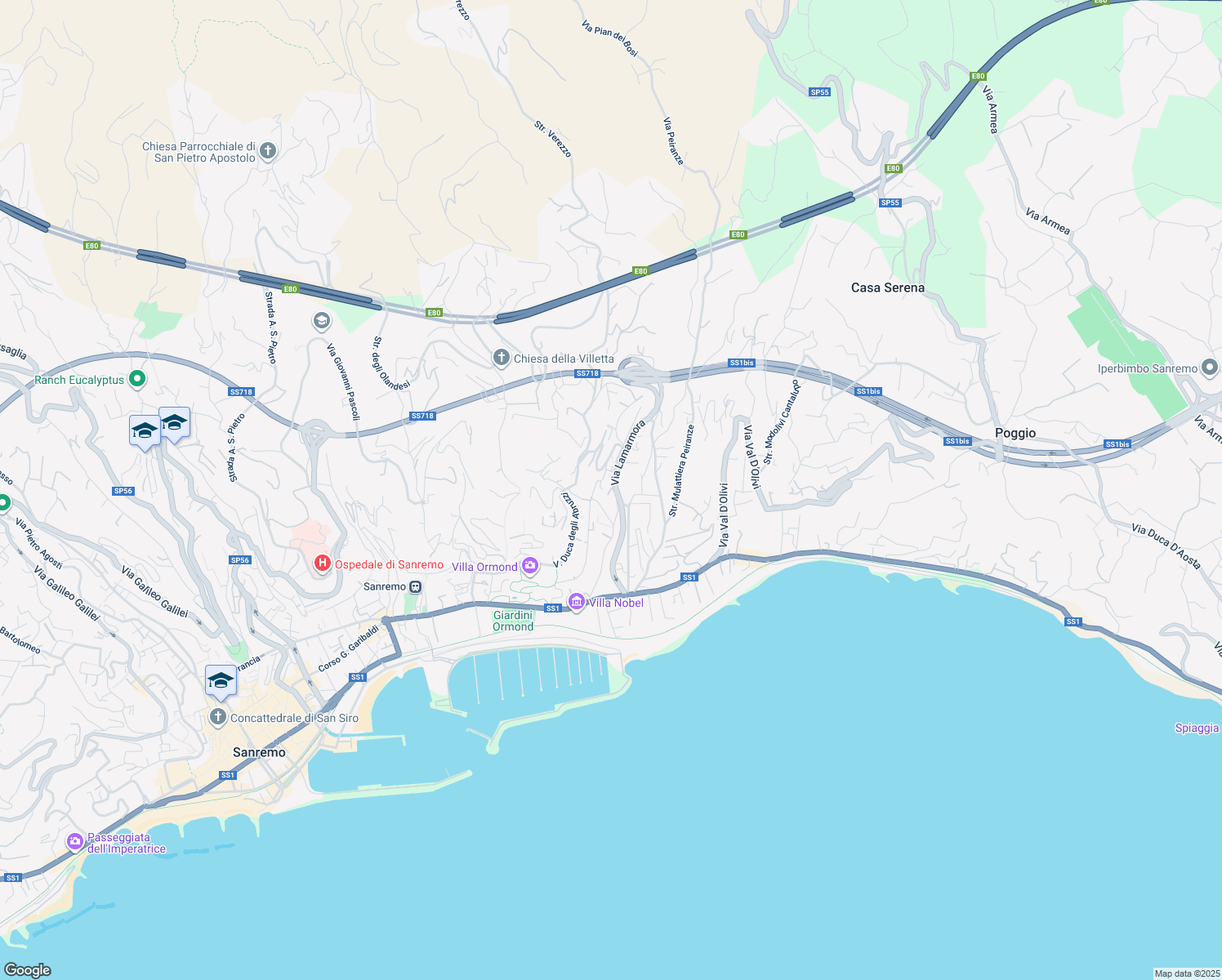 map of restaurants, bars, coffee shops, grocery stores, and more near 143 Strada San Martino in Sanremo