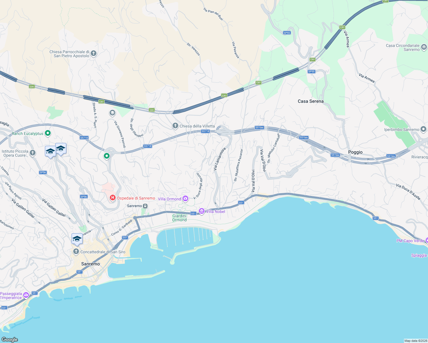 map of restaurants, bars, coffee shops, grocery stores, and more near 143 Strada San Martino in Sanremo