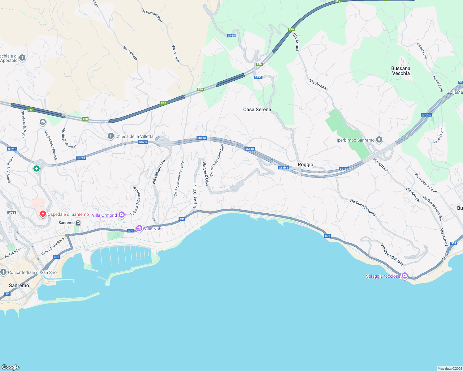 map of restaurants, bars, coffee shops, grocery stores, and more near 154-158 Via Val D'Olivi in Sanremo