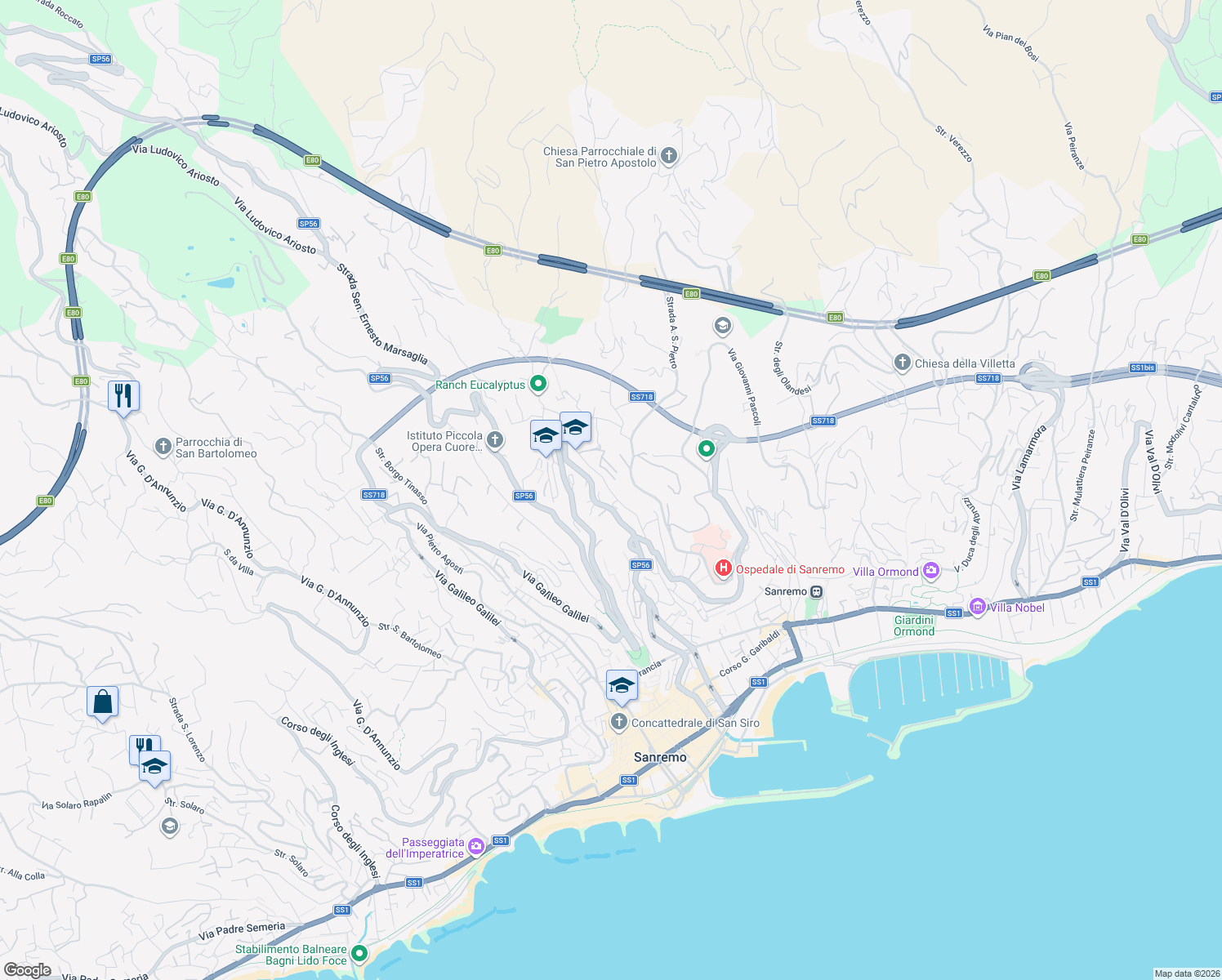 map of restaurants, bars, coffee shops, grocery stores, and more near 100 Via San Francesco in Sanremo