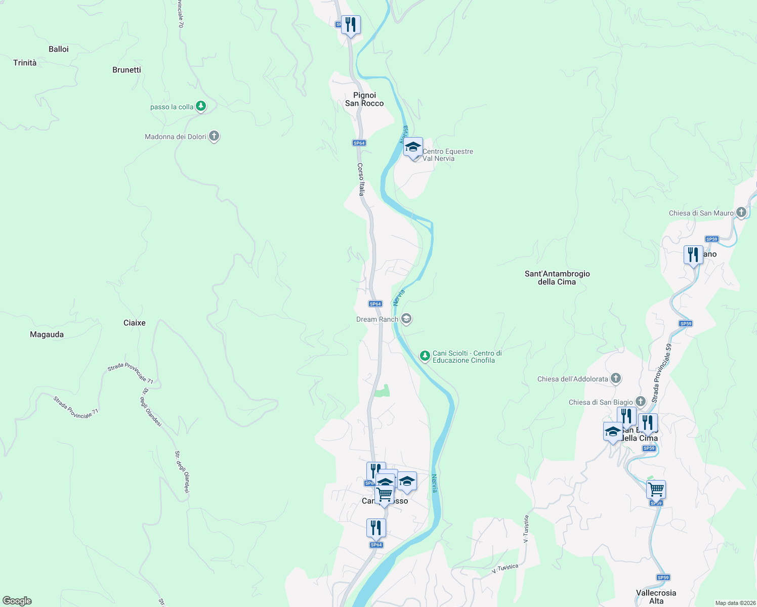 map of restaurants, bars, coffee shops, grocery stores, and more near 102 Corso Italia in Camporosso