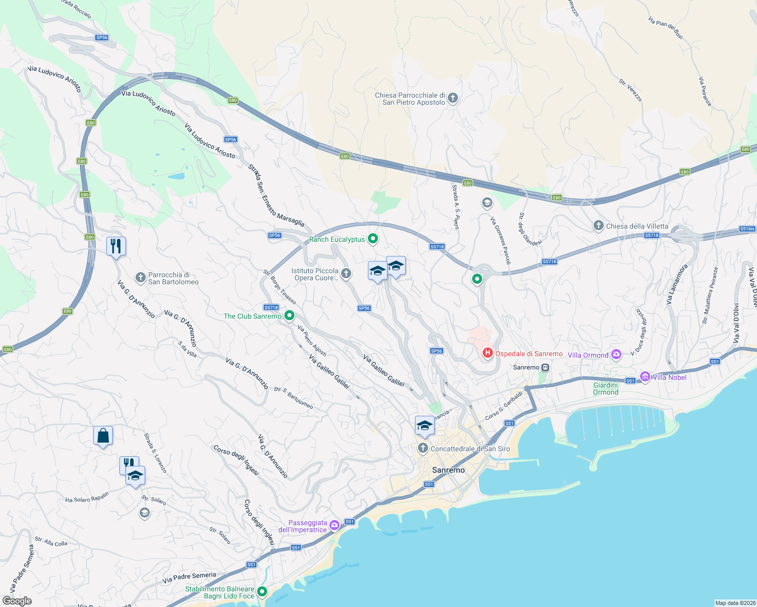 map of restaurants, bars, coffee shops, grocery stores, and more near 64 Strada Sen. Ernesto Marsaglia in Sanremo