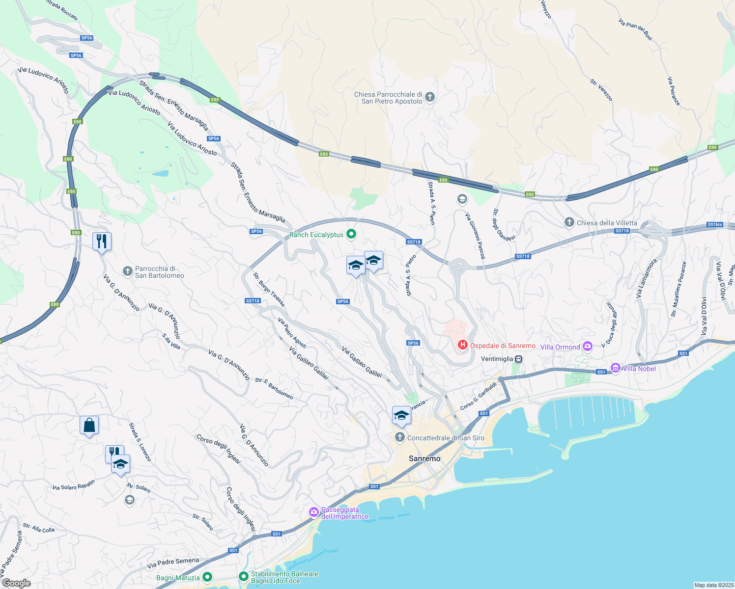 map of restaurants, bars, coffee shops, grocery stores, and more near 347 Via San Francesco in Sanremo