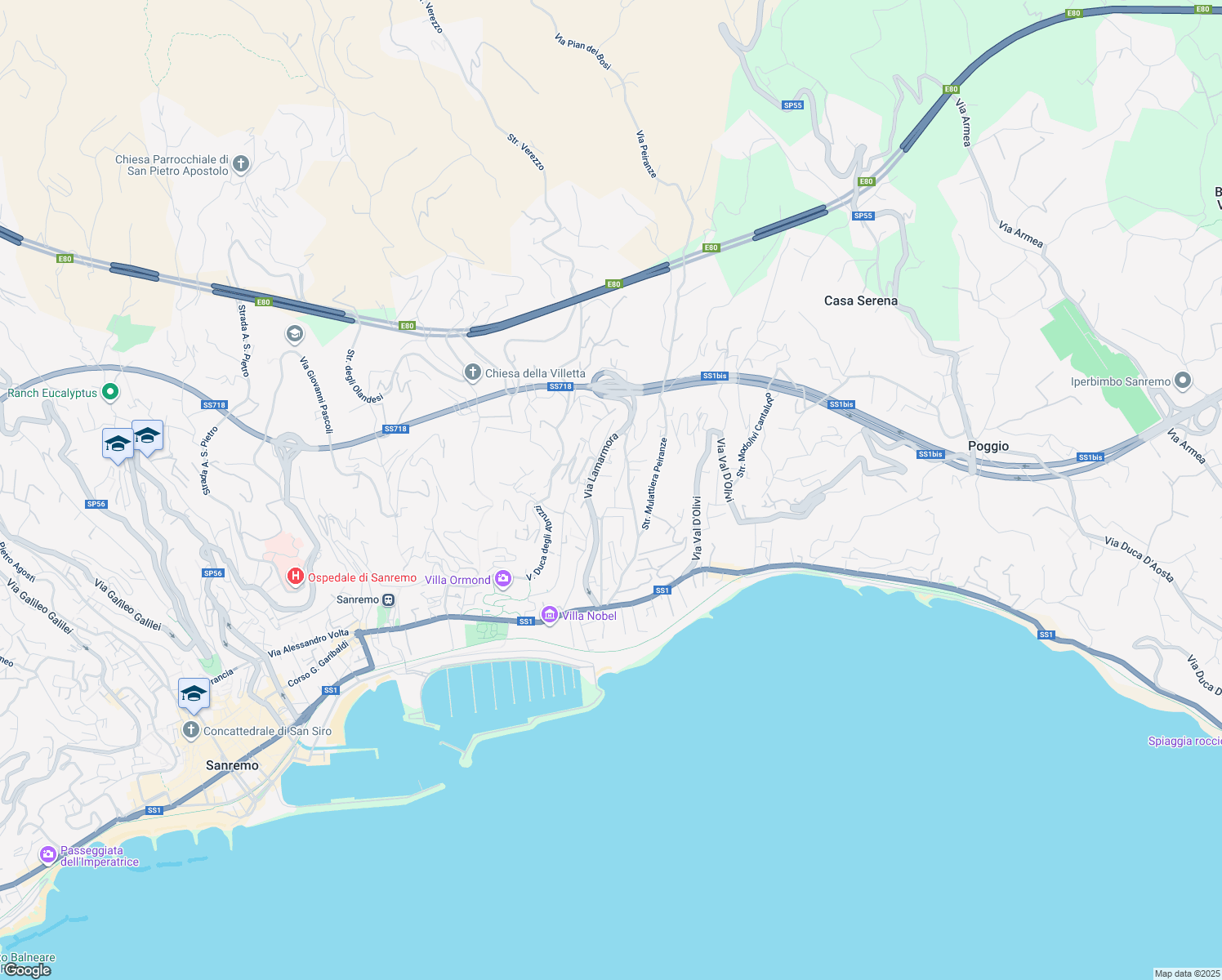 map of restaurants, bars, coffee shops, grocery stores, and more near 299A Via Alfonso Lamarmora in Sanremo