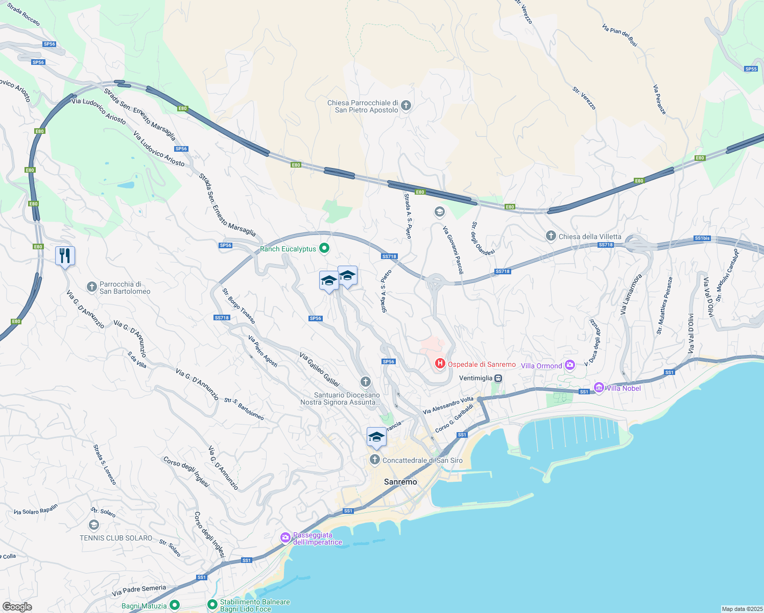 map of restaurants, bars, coffee shops, grocery stores, and more near 1 Strada A. San Pietro in Sanremo