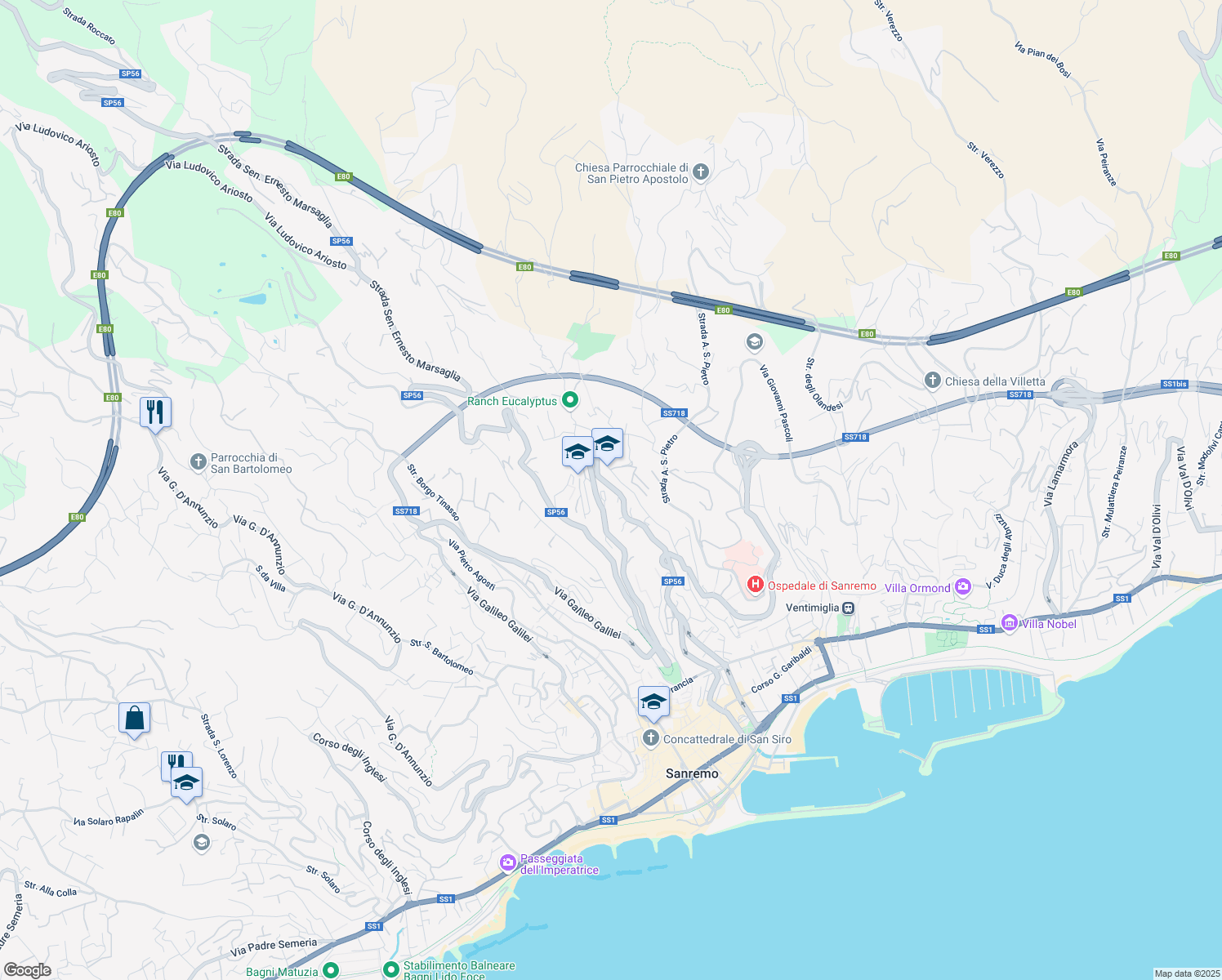 map of restaurants, bars, coffee shops, grocery stores, and more near 347 Via San Francesco in Sanremo