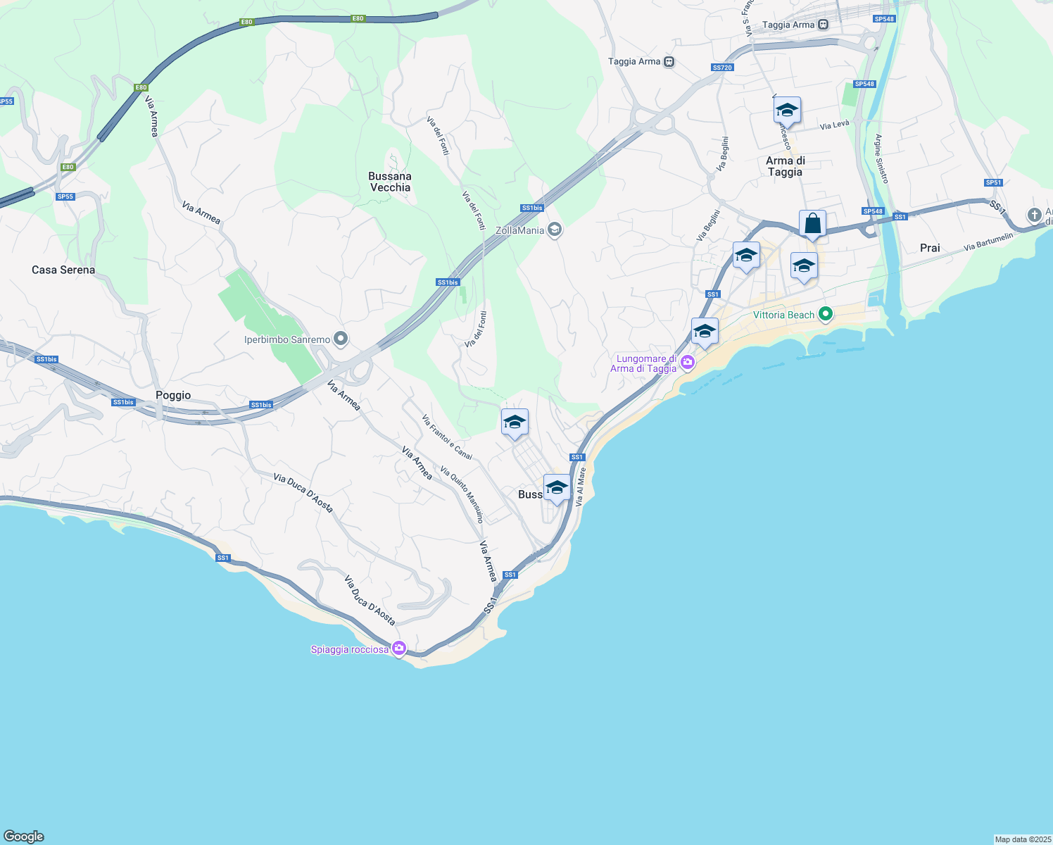 map of restaurants, bars, coffee shops, grocery stores, and more near 8 Via Circonvallazione in Bussana