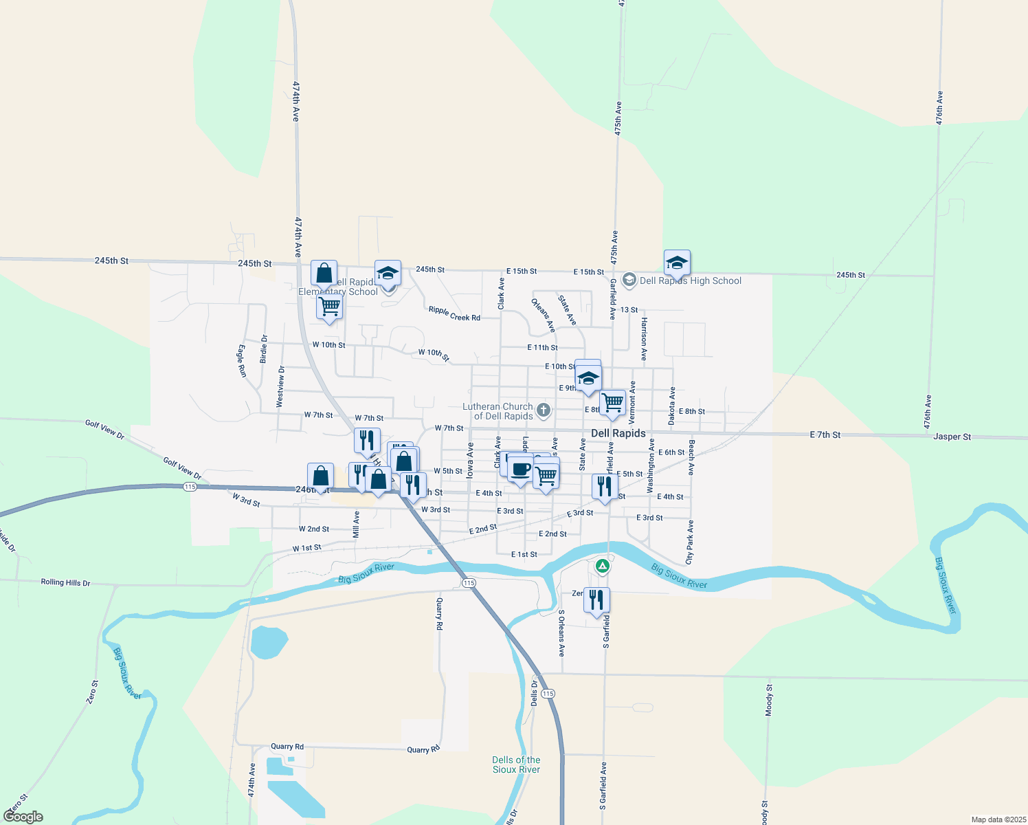 map of restaurants, bars, coffee shops, grocery stores, and more near 307 East 8th Street in Dell Rapids