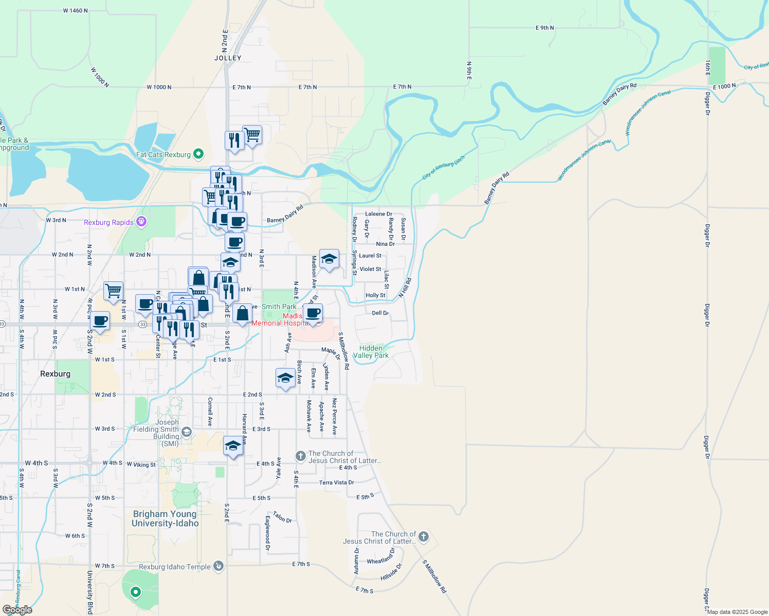 map of restaurants, bars, coffee shops, grocery stores, and more near 661 Dell Drive in Rexburg