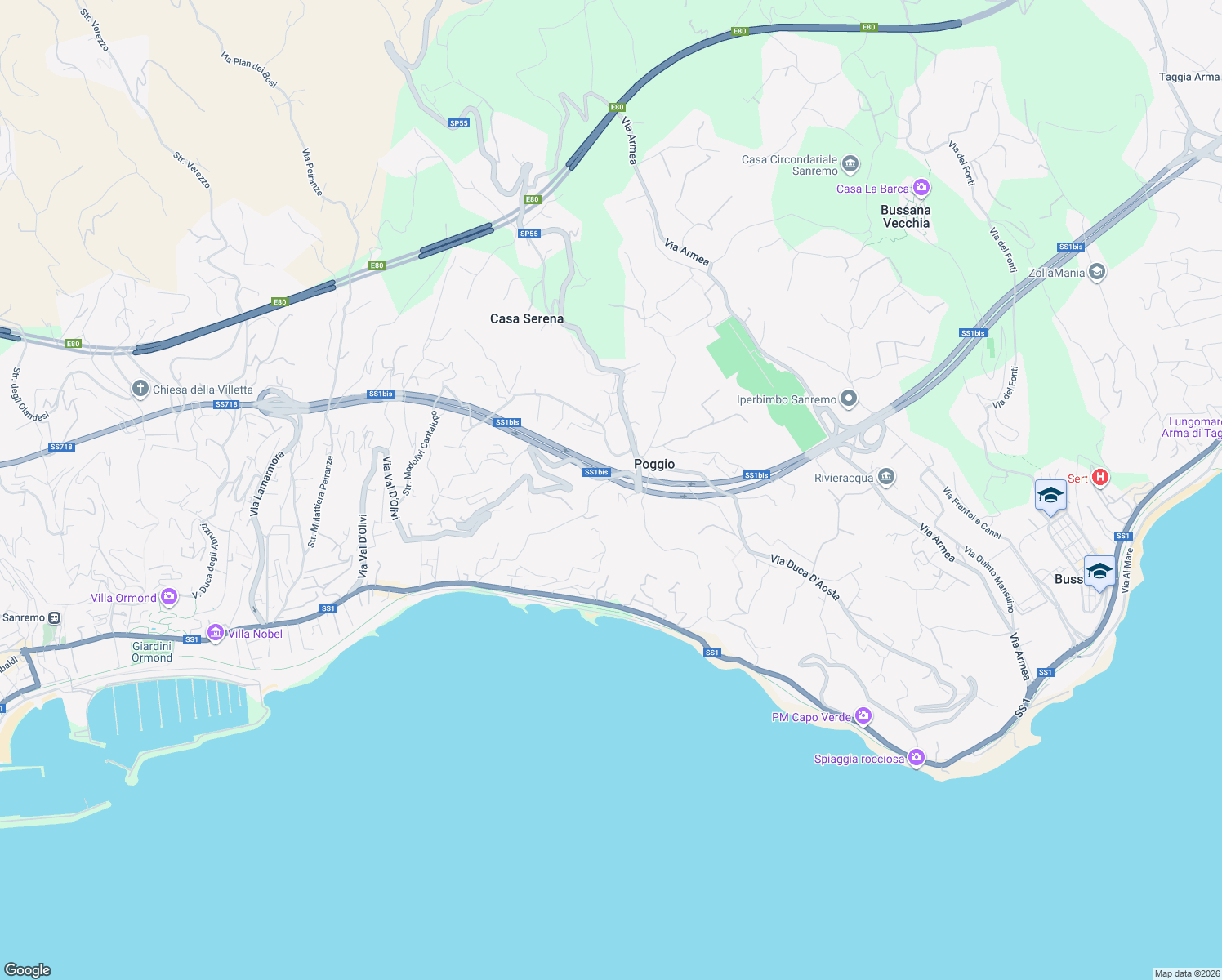 map of restaurants, bars, coffee shops, grocery stores, and more near 66 Via Salita Poggio in Sanremo