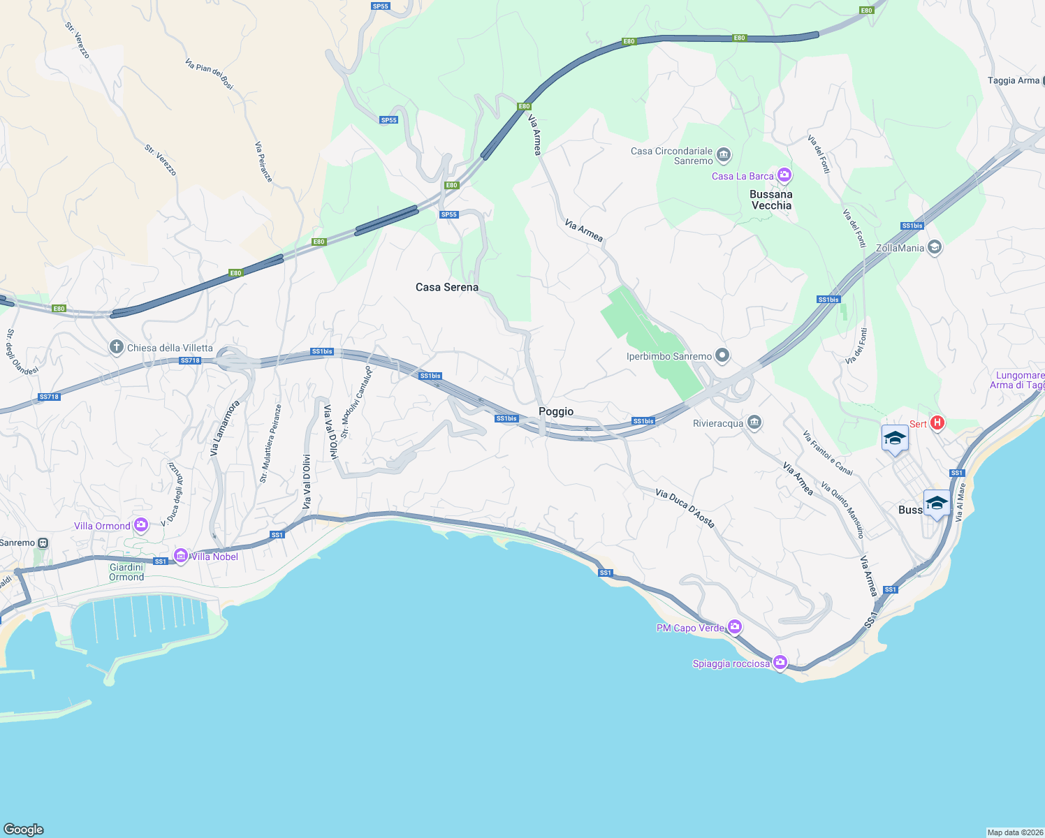 map of restaurants, bars, coffee shops, grocery stores, and more near 66 Via Salita Poggio in Sanremo