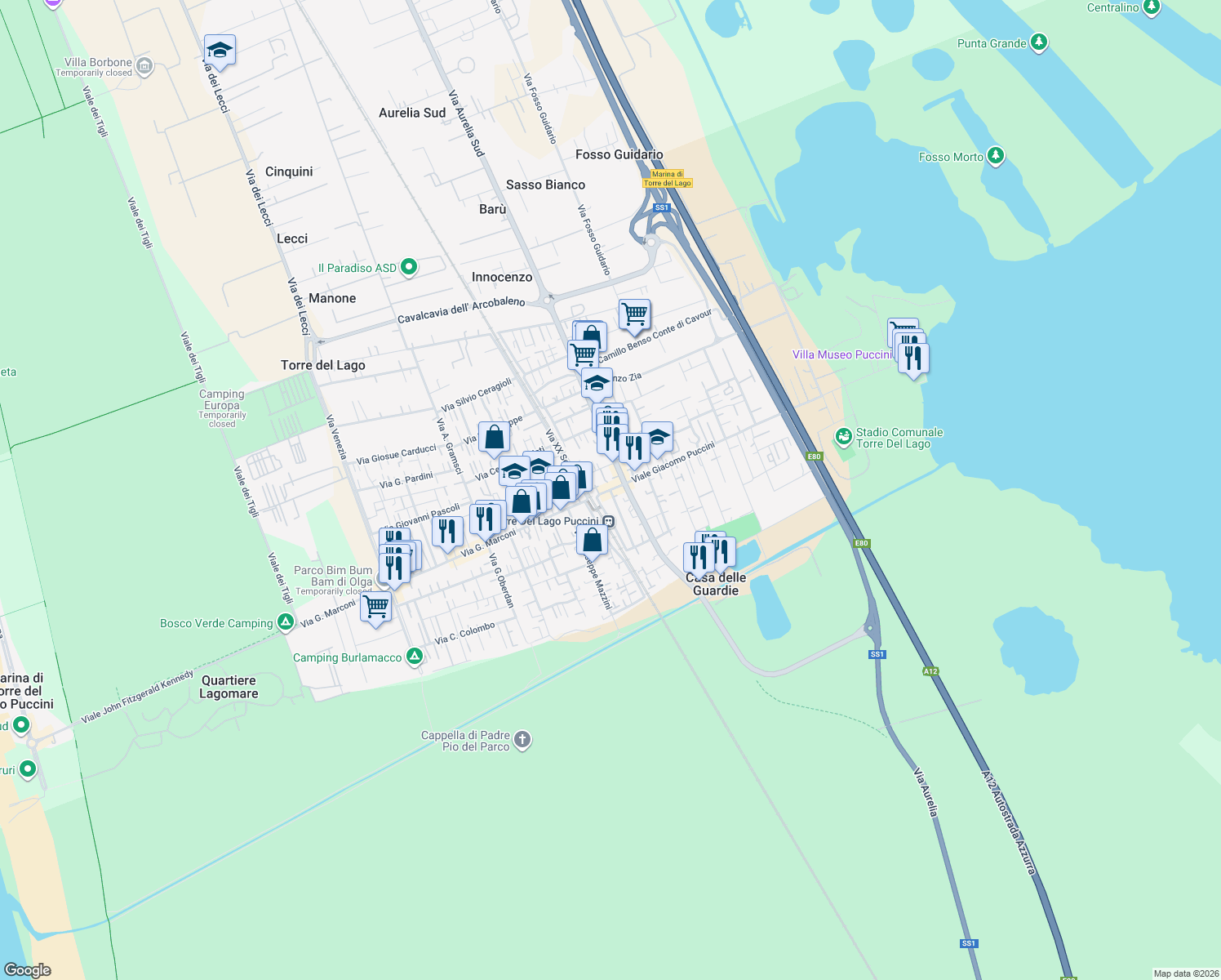 map of restaurants, bars, coffee shops, grocery stores, and more near 5 Via Alessandro Volta in Torre del Lago Puccini
