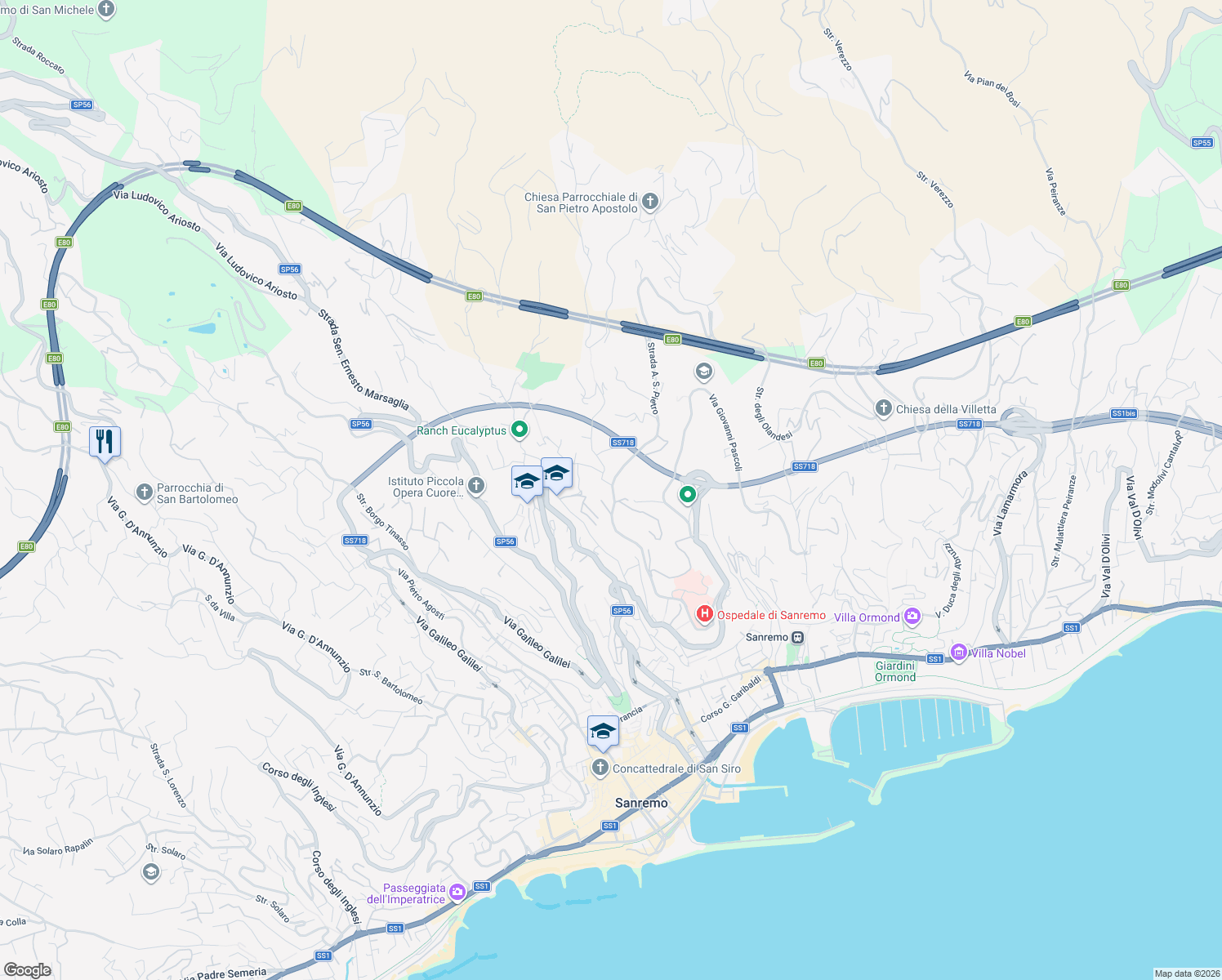 map of restaurants, bars, coffee shops, grocery stores, and more near 62 Strada A. San Pietro in Sanremo