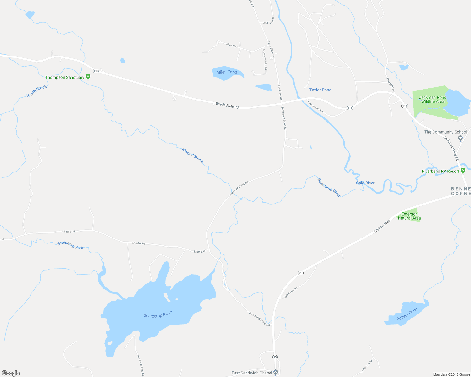 map of restaurants, bars, coffee shops, grocery stores, and more near 205 Bearcamp Pond Road in Sandwich