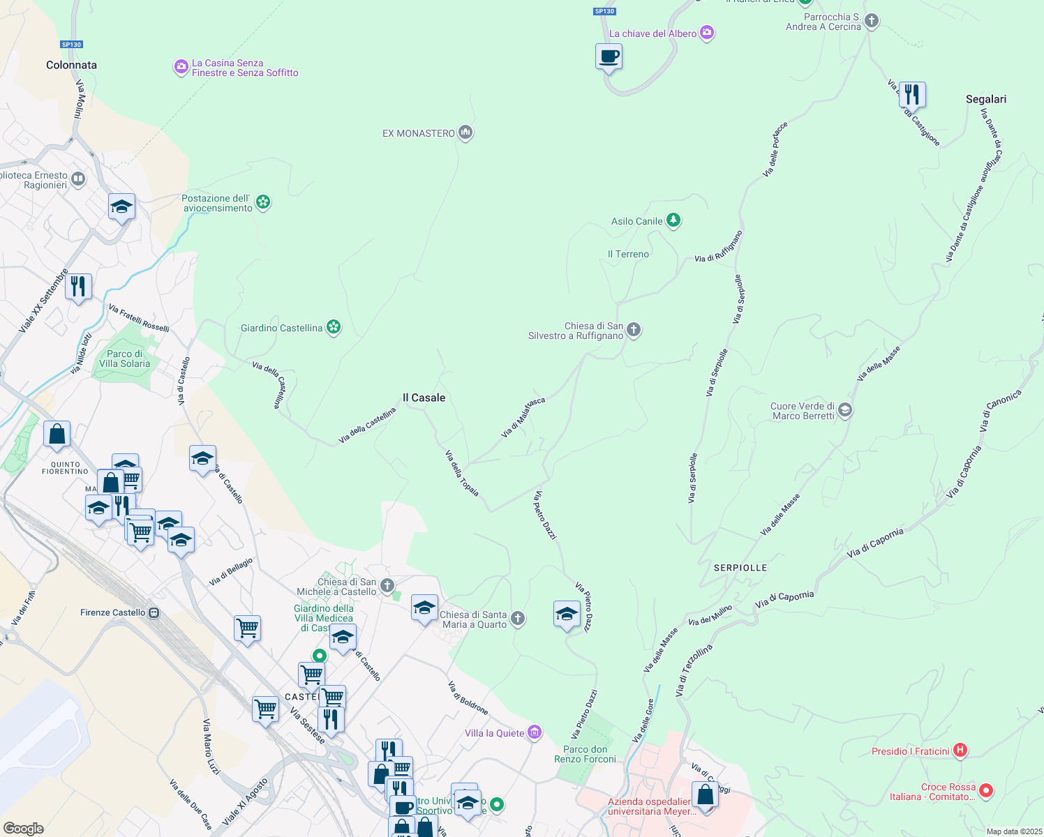 map of restaurants, bars, coffee shops, grocery stores, and more near 70 Via di Malafrasca in Città Metropolitana di Firenze