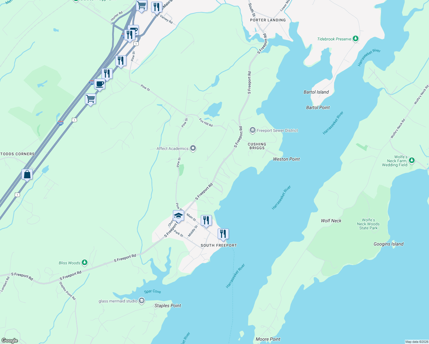 map of restaurants, bars, coffee shops, grocery stores, and more near 62 South Freeport Road in Freeport